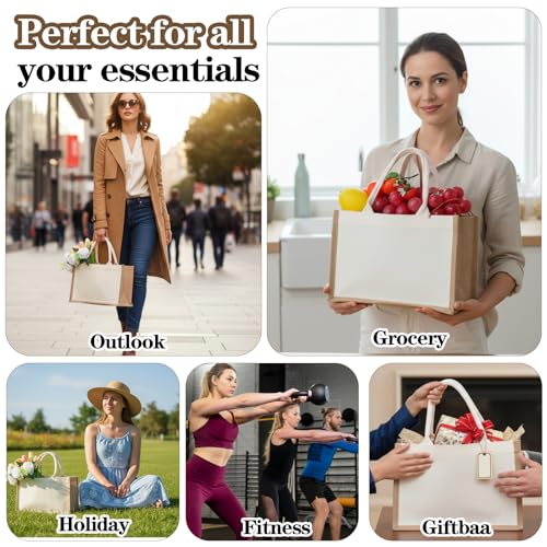 4 Sets Natural Burlap Tote Bags with Handles & Canvas Makeup Pouch, Reusable Jute Tote Bag for Wedding, Beach, Shopping, DIY Craft Blank Burlap Gift Bags with Handles