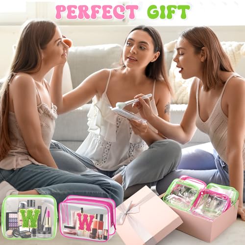 Eccliy 12 Pcs Pink Green Gift Bags Makeup Bag with Chenille Letter Patches Portable Travel Cosmetic Pouch with Zipper PVC Toiletry Bag for Witch Party Baby Shower, Birthday, Party Favor
