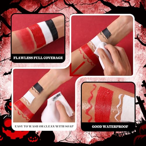 VANERIA Clown Makeup Halloween, Black White Red Cream Face Body Paint for Halloween, SFX Makeup Set with Vampire Teeth & Fake Blood, Clown Art Theater With Brushes