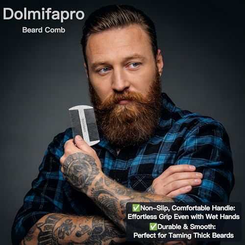 Pocket Comb for Beards, Mustache Comb & Hair Beard Comb for Men Ultra-thin, Stainless Steel, Anti-static with PU Leather Case (silvery)