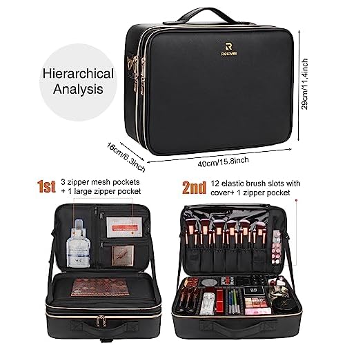 MONSTINA Large Makeup Travel Case Bag,Professional Makeup Artist Train Case with Brush organizer,Large Capacity Cosmetic Bag with Zipper Pocket and Adjustable Compartment£¨PU Leather Black£©