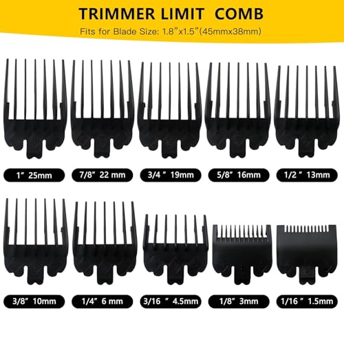 10 Pack in Lot Clipper Guards Set Replacement Fits for Limural K11S/ Novah HCL-001/ Surker K7S/K9C/K9S - 1/16" to 1", Black