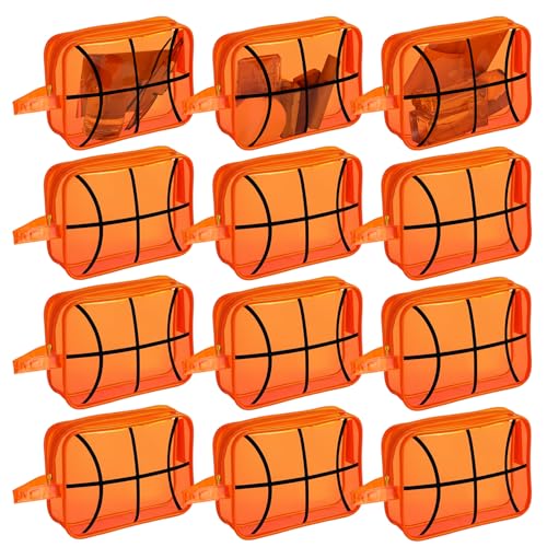 12 Pcs Basketball Clear Makeup Bag Cosmetic Snack Bag with Zipper Handle PVC Pouch Waterproof Travel Toiletry Handbag Accessories for Woman Friends Basketball Birthday 2026 Senior Night Team Gift