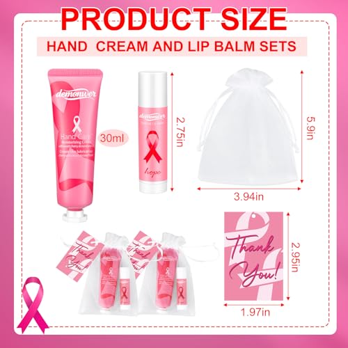 50 Sets Breast Cancer Awareness Favors Pink Ribbon Hand Cream Lip Balm with Thank You Cards Organza Bags Awareness Gifts for Women Nurse Breast Cancer Charity Event Survivor Campaign Party Favors