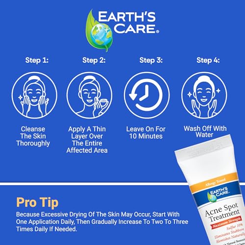 Earth's Care Acne Spot Treatment - 10% Sulfur Cream Medication to Clear Cystic Acne, Pimples and Blackheads on Face and Body (Tube 0.97 OZ)