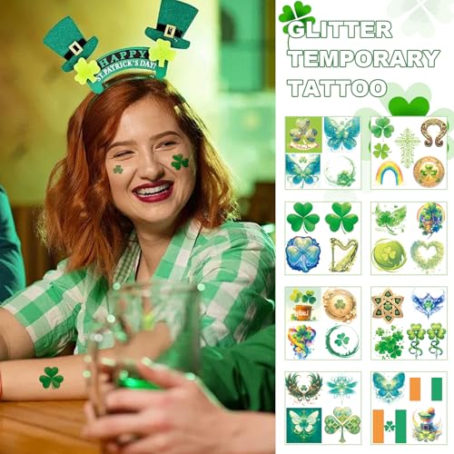 24 Sheets St. Patrick's Day Glitter Shamrock Temporary Tattoos, St Patricks Day Decorations Favors Supplies Waterproof Saint Patrick's Day Accessories Clover Tattoos Irish Party Leprechaun