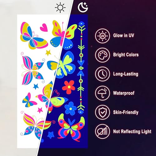 20 Sheets Glow in The Black Light Temporary Tattoos, Glow Party Supplies for Adults and Kids, 160+ Neon UV Glow Fluorescent Designs, Perfect for Neon Raves, Festivals, Birthday Parties and More