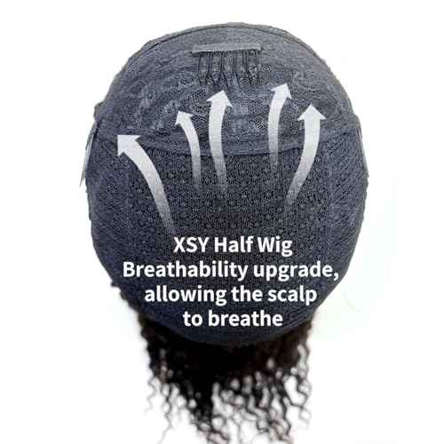 XSY Half Wig Human Hair Deep Wave 20 Inch Curly Half Wig 3 In 1 Drawstring Seamless Flip Over Glueless Wear Go Half Wigs for Black Women Beginner Friendly 180% Density Natural Black