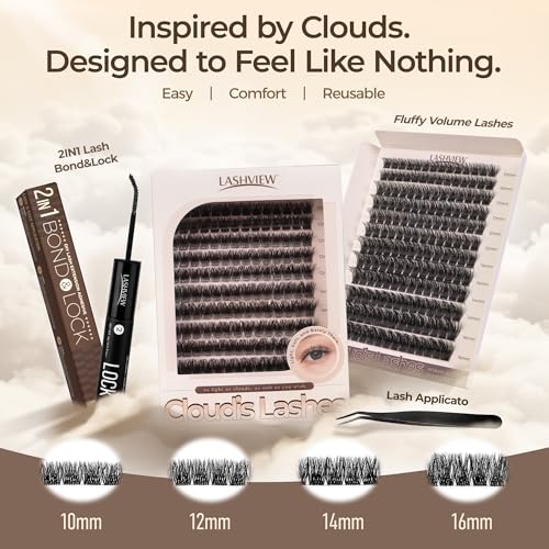 LASHVIEW Lash Extension Kit DIY Lash Clusters Eyelash Extension Kit, 10-16mm NM03 Individual Lashes Kit with Lash Bond and Seal, Lash Tweezers for Self Use