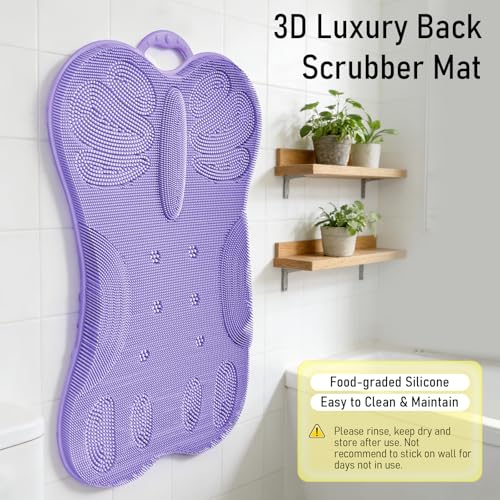 Shower Back Scrubber Wall Mounted for Women XXL | Silicone Bath Body Brush Massage Scratcher Mat with Back Support Anti-slip Suction Cups | Exfoliating Skin Care Luxury Bathtub Cushion Pad Purple