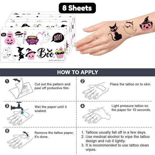 Pink Black Halloween Temporary Tattoos - Baby Shower 80 PCS Boo I'm Two Ghost Witch Hat Themed Stickers for Kids Birthday Party Supplies, Decorations, Favors, and Prizes, Cute Gifts for Boys and Girls