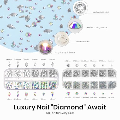 Beetles Gel Polish Nail Glue with Nail Gems Set, 15ml Nail Rhinestone Glue &120+2000Pcs Crystal Glass AB Rhinestones For Nails art, Nail Gems with Double-Ended Clean Up Nail Brush Gifts for Girls