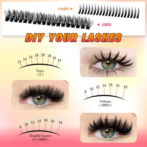 Lash Clusters 100D with DIY Spikes 12-20mm Manga Lashes Clusters 280pcs Fairy Cluster Mink Strips Lashes Wispy Volume Individual Lash Extensions with Bond Seal Tweezers Soft Fluff Look EPUDY FIHSALA
