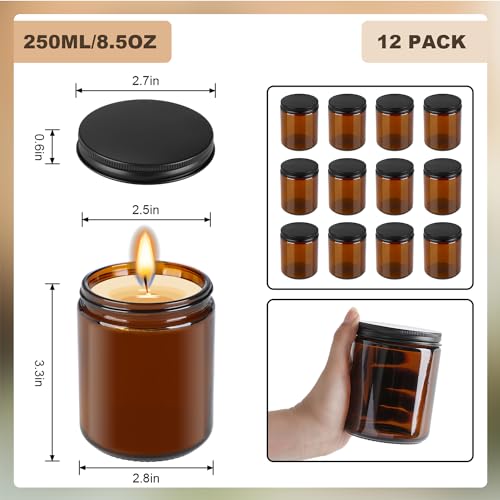 Goiio 12 Pack Amber Glass Jars, 8 Oz Thick Amber Round Glass Jars, with Black Metal Lids, for Spice, Liquid, Sample, Leakproof and Dishwasher Safe