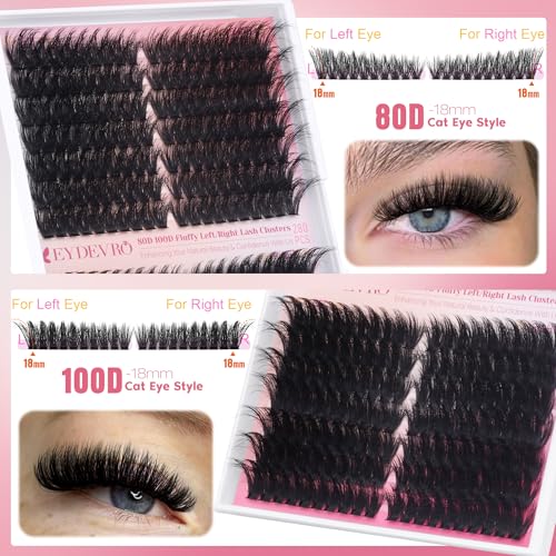 EYDEVRO Fluffy Lash Clusters Kit 80D100D Volume Lash Extension Kit 280 Pcs Left/Right Cluster Eyelash Extension Kit D Curl Thick Mega Lash Clusters with Waterproof Lash Bond and Seal and Lash Tweezers