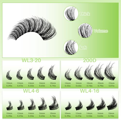 Lash Clusters Kit Wispy Eyelash Clusters Lashes DIY Lash Extension Kit Cluster Eyelash Extensions Kit Volume Cluster Lashes with Lash Bond and Seal,Lash Remover,Lash Tweezers(WL+200D Lash Kit)