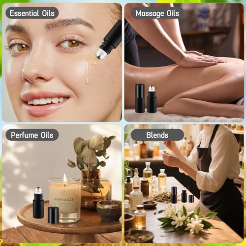 24 Pcs Essential Oil Roller Bottles Black Frosted Glass Roll On Bottle Empty Cosmetic Jars with Stainless Steel Roller Balls & Black Lids for Perfume Travel - 0.17oz/5ml