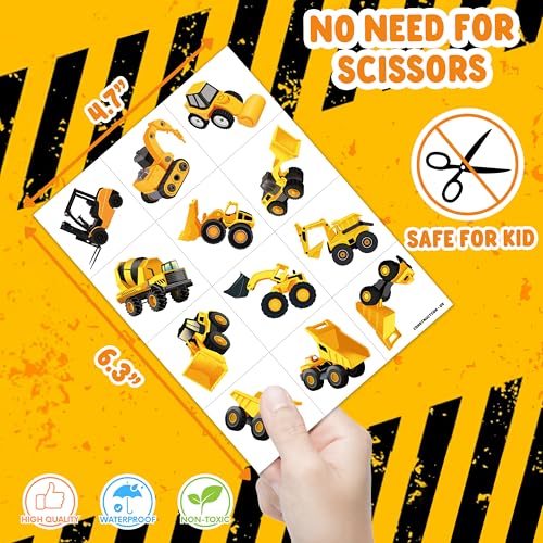 96 PCS Construction Car Truck Pre-Cut Temporary Tattoos for Kids | Super Cute Themed Birthday Party Favors, Supplies, Decorations, Fake Tattoo Stickers (multiple)