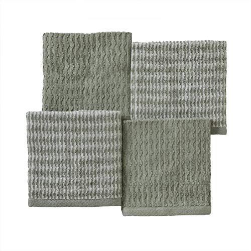 SKL Home Longborough 100% Turkish Cotton Premium 4-Piece Washcloth Set, 520 GSM, Soft & Absorbent Jacquard, Sage