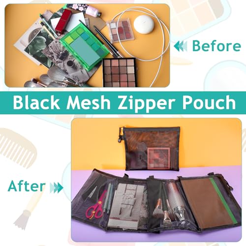 15-Piece Mesh Zipper Pouch Set, Nylon Mesh Makeup Bags, Portable Organizing Pouches for Travel (Black, 8.8x7 Inch)