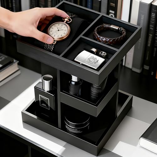 Rotating Cologne Organizer for Men, 3-Tier Large Capacity Wooden Perfume Stand with 360¡Æ Display, Desk & Dresser Organizer for Cologne, Watches & Accessories, Gift for Husband, Dad & Men (Black)