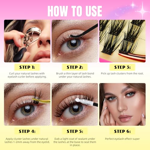 Lash Clusters Kit 144Pcs Individual Eyelash Extension Kit DIY Lash Kit with Lash Bond and Seal,Remover,Applicator,Eye Patches,Lash Brush&Lip Brush for Fake Eyelashes Clusters Kit (D-Mix10-16mm Kit)