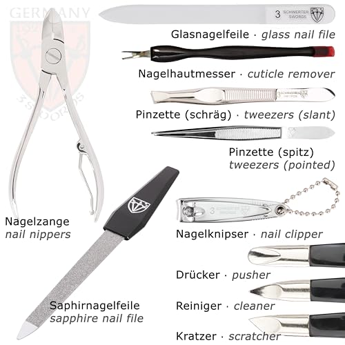 3 Swords Germany ? Brand Quality 12 Piece Manicure Pedicure Grooming kit Set for Professional Finger & Toe Nail Care with Black Genuine Leather case - Made in Germany