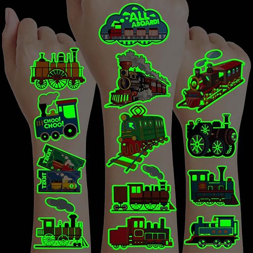Neon Luminous Glow in the Dark Train Temporary Tattoos Stickers for Kids Boys Girls ? Glow Birthday Party Decorations Supplies Party Favors Night Gifts Classroom Rewards Prizes (Train)