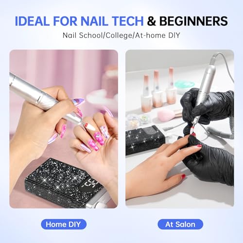 Rechargeable 35000RPM Nail Drill Sparkling Portable Professional Electric Nail File for Acrylic/Gel Nails Professional Nail Tools for Manicure Pedicure, Black