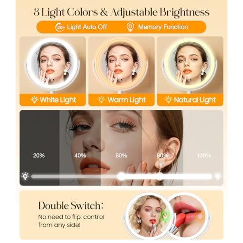 Gospire Wall Mounted Lighted Makeup Mirror with Magnification 10X, 7 Inch Double Sided Magnifying Vanity Mirror Wall Mirrors with Hooks & LED Display for Bathroom, No Drilling Needed