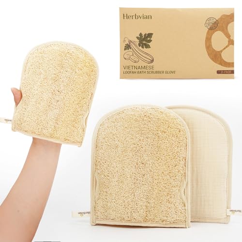 Premium Vietnamese Natural Loofah Gloves ? Exfoliating Body Scrubber Mitts with Thumb Holes, Easy Grip Design, for Men & Women, Shower & Bath (Pack of 2)