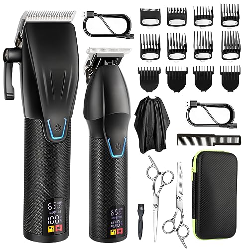 Professional Hair Clippers Trimmer Kit,Cordless Hair Clippers for Men,Barber Fading Clipper and Zero Gap T-Blade Trimmer Set with LED Display for Mens Gifts (Black)