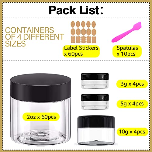 2 oz Plastic Containers with Lids 60pcs Plastic Jars with Lids + 3/5/10 Gram 12pcs Sample Containers Travel Jar? Great for Lip Scrub,Body Butters,Cream,Lotion Labels & Spatulas (72 Pack)