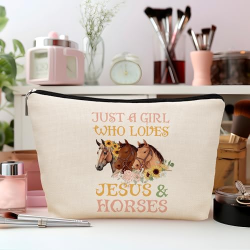 Christian Horse Makeup Bag, Religious Christian Gifts for Women, Horse Lovers Gifts Cosmetic Bags for Women, Jesus and Horses Zipper Travel Makeup Pouch for Purse