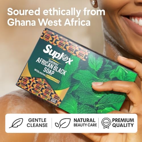 Raw natural authentic organic African black soap bar for acne and dark spots, face and body ghana black african soap scented with mint.