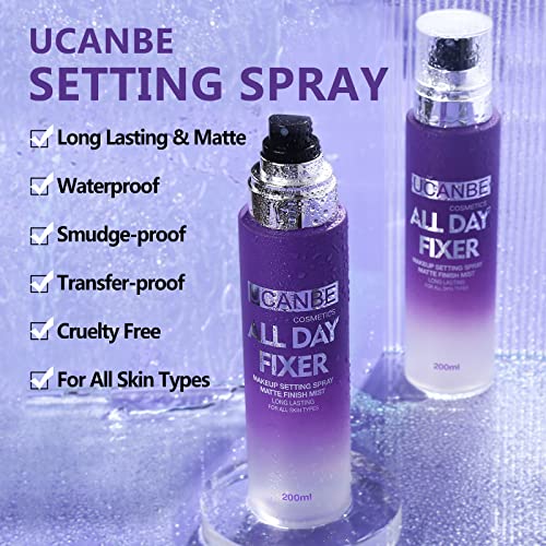 Long Lasting Makeup Setting Spray Kit- 6.76 Fl oz Hydrating Matte Finish Mist Lightweight Face Make up Fixer +Travel Size Spray Bottle+Sponge Puff Makeup Set