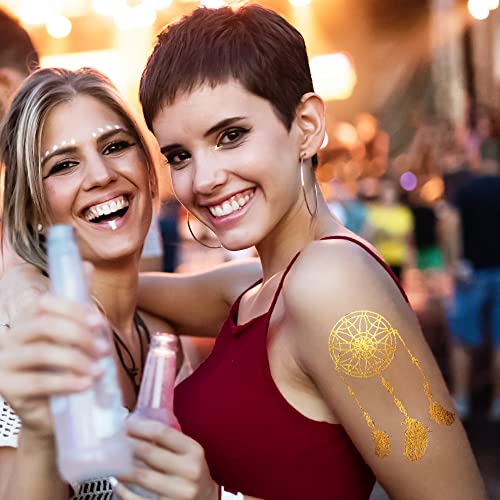 Metallic Temporary Tattoos for Women Teens Girls - 8 Sheets Gold Silver Temporary Tats Glitter Shimmer Designs Jewelry Tattoos - 100+ Color Flash Fake Waterproof Tattoo Stickers (Caicos)