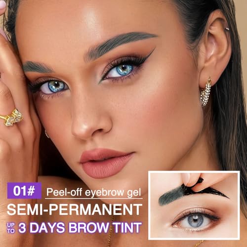 Eyebrow Tattoo Peel Off Tint Gel for Women, Black Peel Off Eyebrow Tint with Tweezer, Last Up to 3 Days, Waterproof, Fuller & Defined (01#Black, 1Pcs)