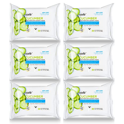 Epielle Cucumber Makeup Remover Wipes, Gentle Daily Facial Cleanser Towelettes, Remove Dirt, Oil & Waterproof Mascara, Stocking Stuffers, 30 Count (Pack of 6)