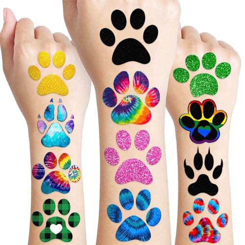 96 PCS Cat Dog Paw Print Pre-Cut Temporary Tattoos Sticker Tie Dye Animal Themed Birthday Party Supplies Decorations Decor Favors Gifts Ideas Girls Boys Cute Let¡¯s Pupply Pet Fake Tattoo School Reward