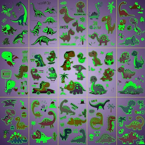 15 Sheets Glow in The Dark Cartoon Dinosaur Temporary Tattoos For Kids Boys Girls Face Hands, Night Glowing Luminous Tattoo Stickers Dino Tatoos Children, Party Stocking Stuffer Goodie Bags Fillers