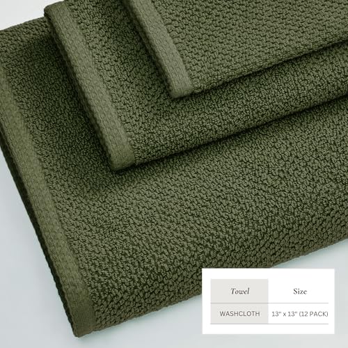 Great Bay Home 100% Cotton 12-Pack 13x13 Wash Cloth - Absorbent, Quick-Drying, Durable Face Towels for Bathroom Decor - Low-Twist, Two-Ply Fibers (Forest Green)