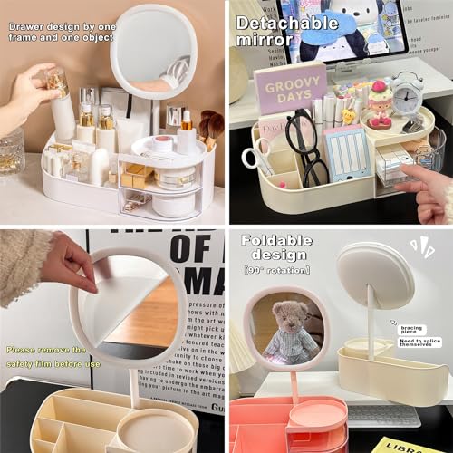 DASITON Makeup Organizer with Rechargeable Mirror,Makeup Brush Holder with 2 Drawers,Skincare and Cosmetics Organizer Countertop,Large Capacity Cosmetic Display Case for Vanity,Bedroom,Bathroom(Cream)
