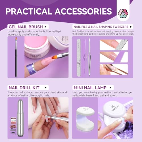 SAVILAND Builder Gel Nail Kit with Nail Drill - 3 Pcs Hard Gels for Nails(VE&VB5&Kerain) Clear Pink Nudes Builder Gel with Lamp Brush Nails Strengthener Gels for Extension Shaping DIY at Home Salon