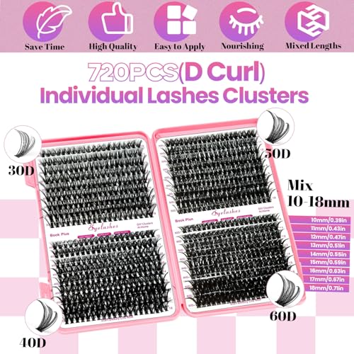DIY Lash Extension Kit 720pcs Individual Lashes Clusters D Curl Eyelash Extension Kit with Lash Bond and Seal, Eyelash Remover Tweezers Brush(10-18mm,30D+40D+50D+60D) Lash Books DIY at Home