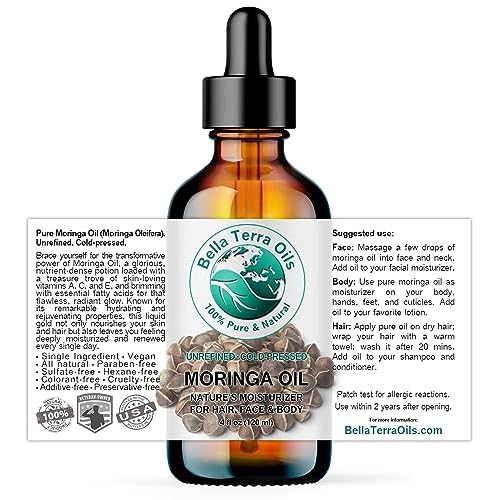Bella Terra Oils - Organic Moringa Oil 4 oz - Celebrating Pure Premium Organic Moringa, Enriched with Antioxidants, Best for Nourishing Skin¡¯s Natural Glow