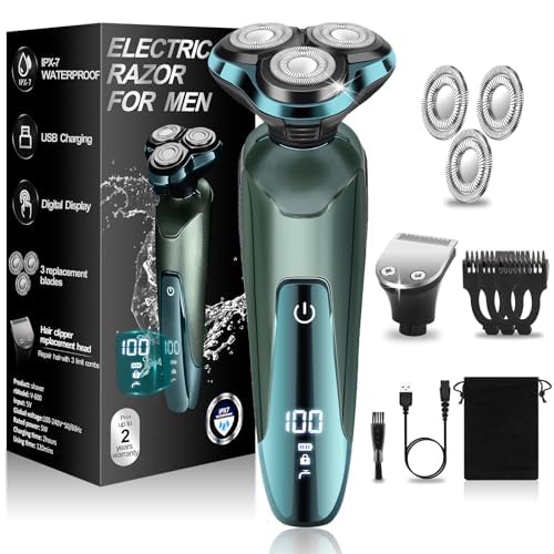 Electric Razor for Men, 3-in-1 Shaver with Floating Blades for Nose Hair &Sideburns,Replacement Blades, Pop-up Trimmer, IPX7 Waterproof, Travel Lock, Wet & Dry Use, Face Shaving Grooming Travel Kit