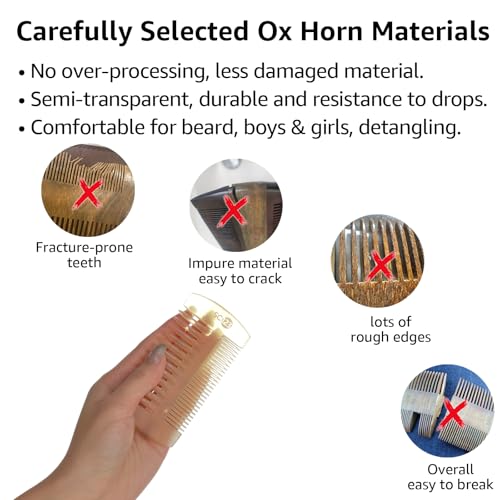 Untreated 4.3 inch Real Ox Horn Curly Hair Picks Beard Mustache Comb, Handmade Fine Wide Tooth Double Sided Small Pocket Travel, Anti-static Detangling Massage Scalp Gua sha for Women Men