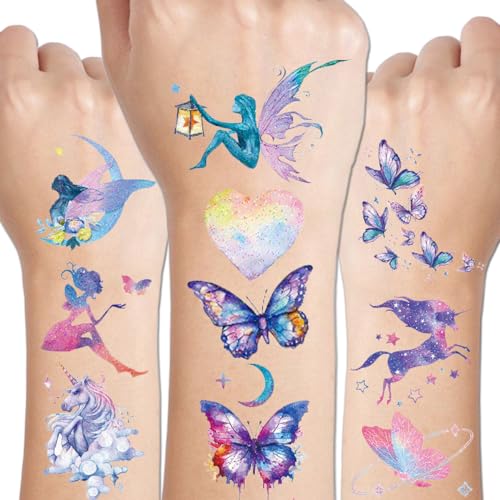 110 Glitter Styles Temporary Tattoos for Girls Women - 12 Sheets Glitter Dream Butterfly Moon Fairy Mermaid Temporary Tattoos for Girls Party Favors Festival Makeup