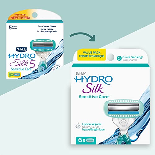 Schick Hydro Silk Sensitive Skin Razor for Women With 5 Moisturizing Razor Blade Refills & Moisturizing Razor Blade Refills for Women with Shower Hanger, 6 Count (Pack of 1)
